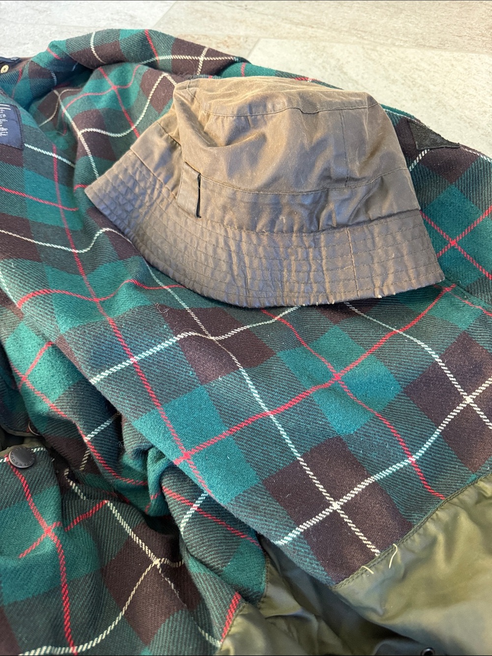 Barbour Dark Olive Waxed Cotton Field Jacket with Brown Cord Collar and Hat - Picture 16 of 16